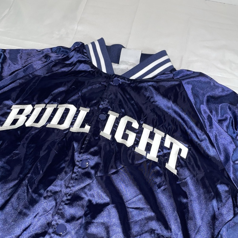 Augusta Sportswear Bud Light Satin Bomber Jacket Navy Blue Mens Large Football